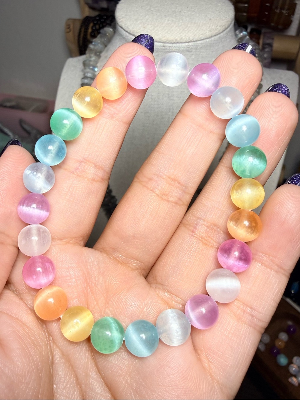 8mm Rainbow Selenite Bracelet Colorful Selenite Stretch Bracelet